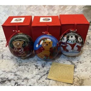 3 Vintage Glass Reverse Painted Bears Christmas Ornament with Box‎ Teddy Polar